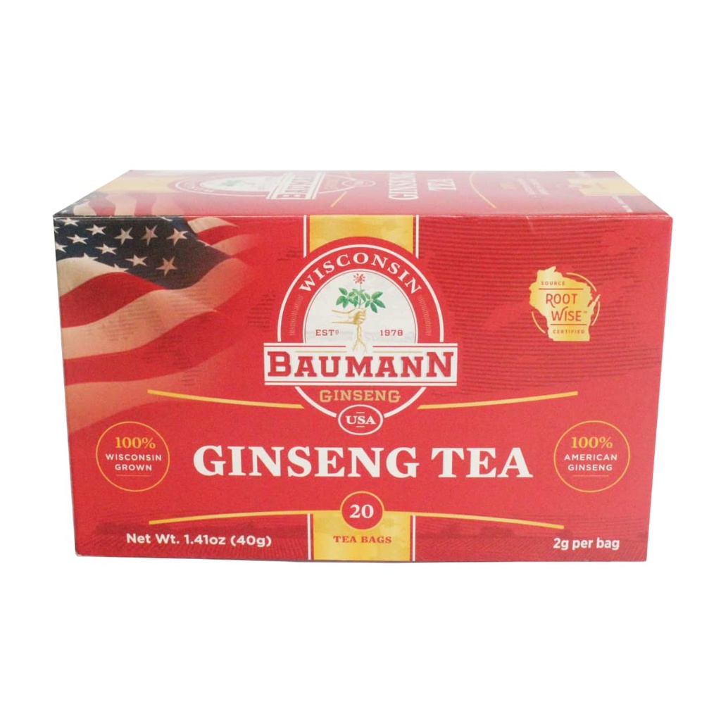 Baumann Premium ameriške ginseng čajne vrečke (20 čajnih vrečk) - Verodostojna Panax Wisconsin Rastli panax ginseng zeliščni čaj - zdravo zeleni čaj z antioksidant ginsenoside za izboljšano osredotočenost in energijo