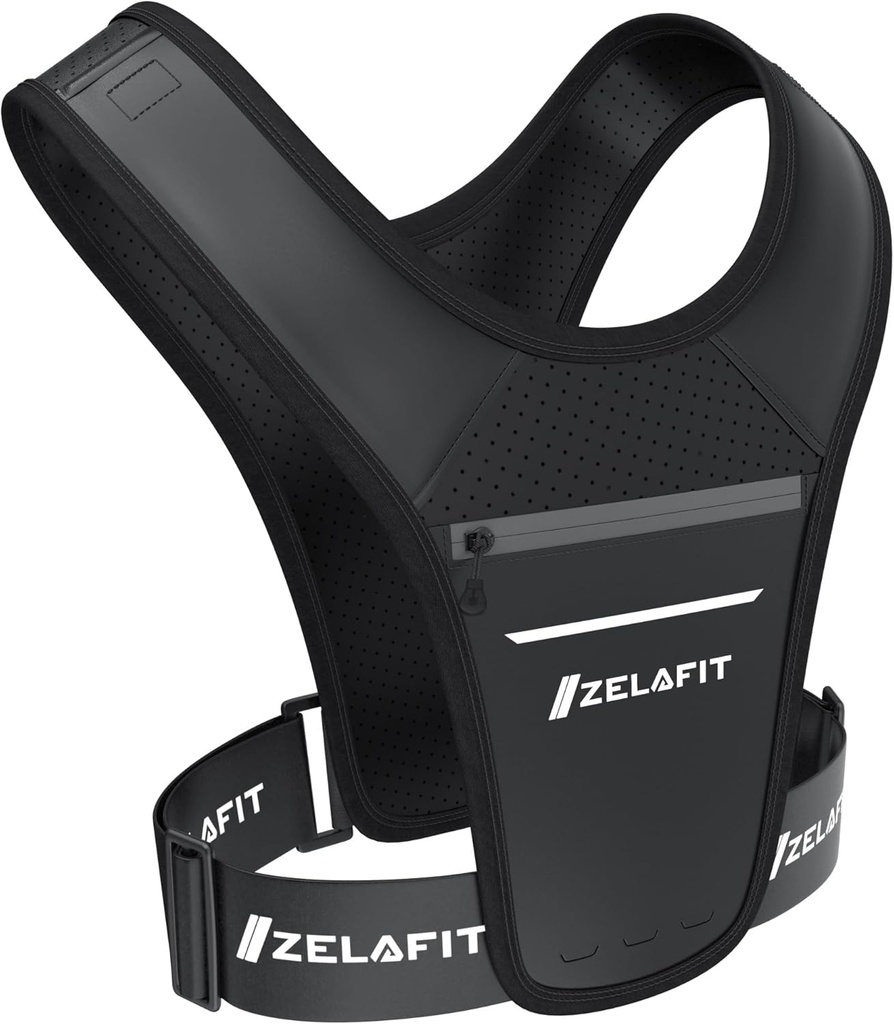 ZelaFitTM Tečeči nosilec telefona za ženske in moške – Kot nalašč za tek Gear, Tekalni pribor, Tekalni Essentials - Lahek Chest Rig Telefon Imetnik za tek (črna)