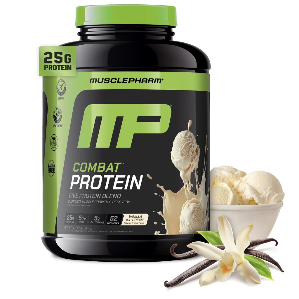 MusclePharm Combat Protein Powder, vanilija arome, Gorivo mišice za produktivno delo, 5 Beljakovinski viri, vključno z izolatom sirotkinih beljakovin in jajčni albumin, Gluten Free, 4 lb, 52 Serving