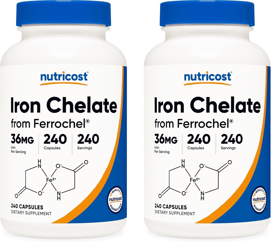 Nutricost kelirano železo, kot Ferrochel, 36 mg, 240 kapsul (2 steklenici)