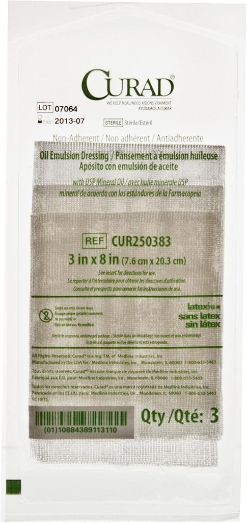 CURAD Sterilno neadherent olje Emulzija gaze oblačenje, 3" x 8", kot nalašč za nego ran, paket 648