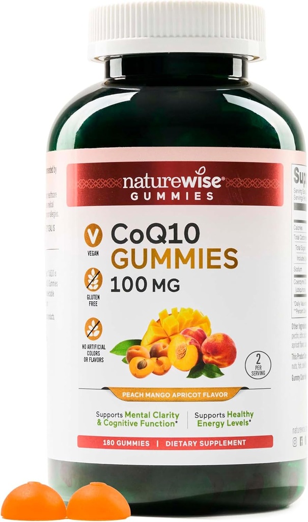 NatureWise CoQ10 Gumies 100mg - Peach Mango Flavor - dodatek za zdravje srca in antioksidantno aktivnost - Pektin-Based, Vegan, Soy in Gluten brezplačno, Non-GMO - 180 Count[3-mesečna dobava]