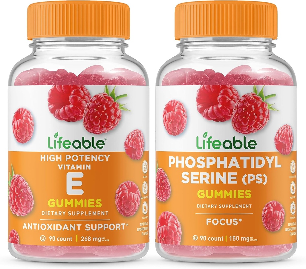 Življenjski vitamin E + fosfatidilserin (PS), Gummies Bundle - odličen okus, Vitamin dodatek, Gluten brezplačno, GSO brezplačno, Žvečljivi gumi