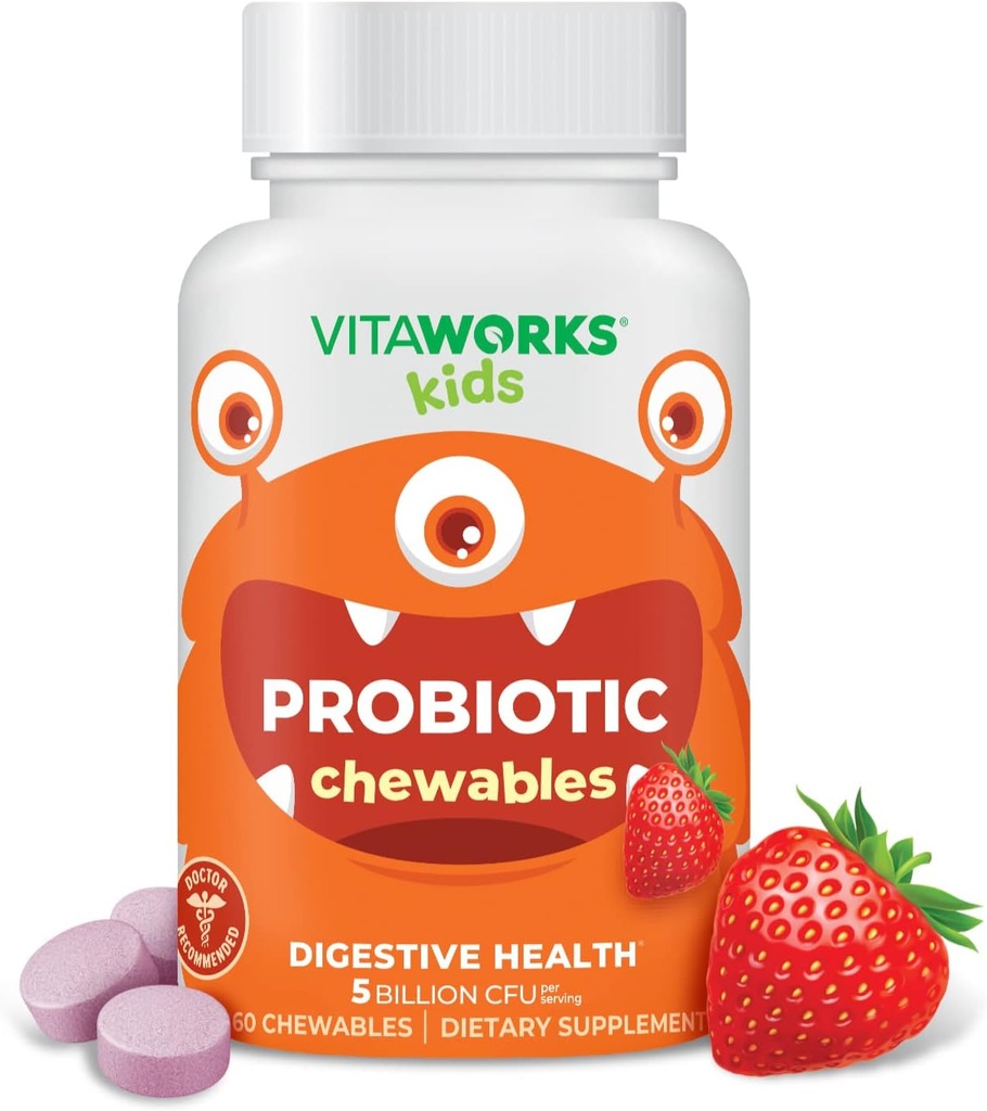 Otroci Probiotik 5 milijarda CFU acidophilus mešanica s prebiotičnim vlaknin žvečljive tablete - Berry Flavor - Vegan - Nut Free - Prehranska dopolnila - Probiotiki za digestivno zdravje - 60 Žvečilni izdelki