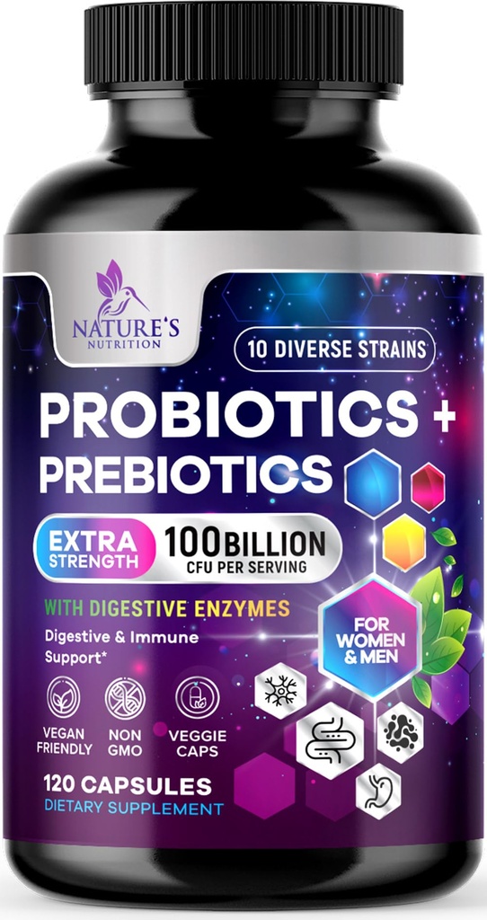 Probiotiki 100 milijard CFU na serviranje - 10 Premium sevi + prebiotiki - Najboljši probiotični dodatek za ženske in moške - podpira imuno, digestivno zdravje, občasno zaprtje in plin - 120 kapsul