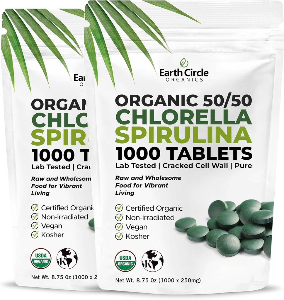 Premium Organic CLORELLA /SPIRULINA 1000 tablete (50/50) Košir, Vegan - Zelena Algae Superfood, razpokana celična stena, klorofil, visoko v beljakovinah in železa, brez dodatkov, ali polnila 8.75 Oz (2 paket)