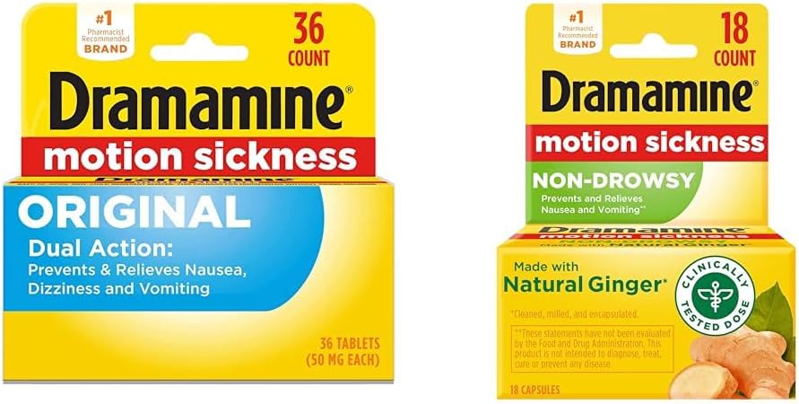 Dramamin Original, Motion Bolest Relief, 36 Count & Non-Drowsy, Motion Sickness Relief, Made with Natural Ginger, 18 Count