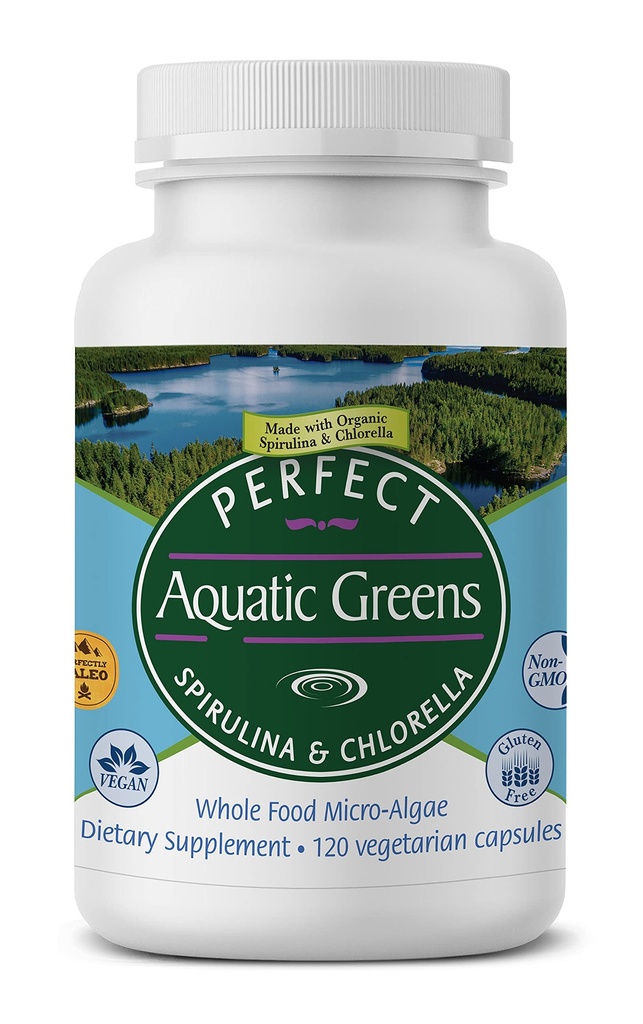 Popolni dodatki – Popolna Aquatic Greens – 120 Zelenjavne kapsule – Organic Spirulina in Klorella dodatek – Hranilna superživila