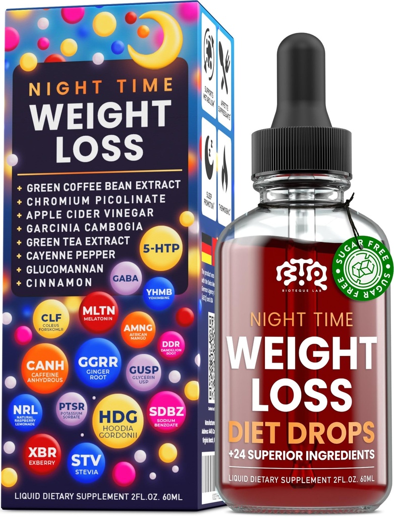 Nočni čas izguba teže kapljice za diete - Apetite Control, Fat Burner, Presnova Booster - Jabolčni kis - Cimet - Cayenne Pepper
