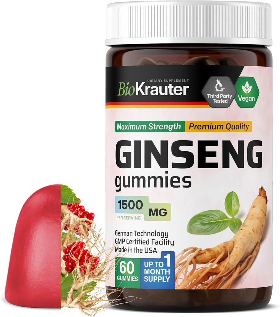 BIO KRAUTER Panax Ginseng Gummies - 1500 mg Jakost - 60 Štetje - Žvečljiva rdeča ginseng dodatek - Imunska podpora Gumies - Vegan, pektin-bazen, Non-GMO
