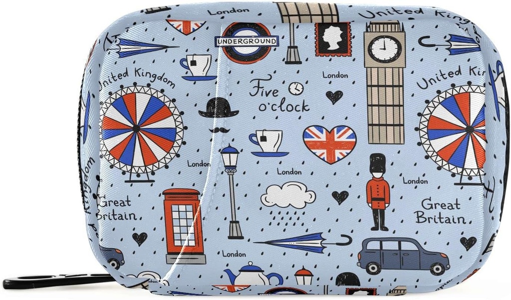 London Retro Print Pill Box 7 Day Pill Case Travel Pill Organizer Bag with Zipper Portable Weekly Vitamin Medicine Supplement Holder Pouch Bag