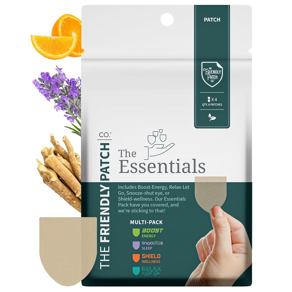 Prijazen Patch Travel Essentials Multi-Pack vključuje 8 obližev: Snooze Sleep Patches, Ashwagandha mirne obliže, Boost Energy Patch, in ščit obliži za spanje, Sprostitev, in energije.