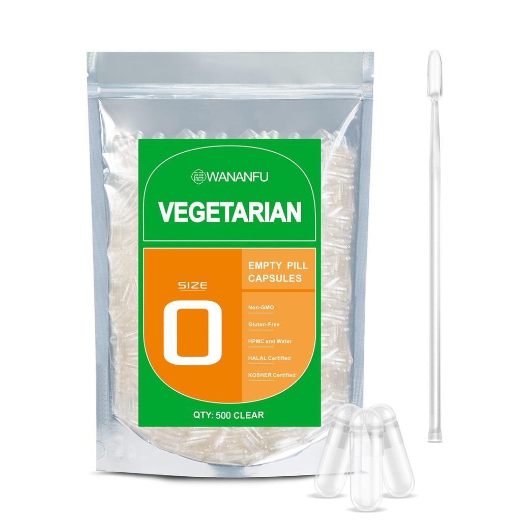 wananfu Size 0 Prazne kapsule Vegetarian (500 Count) paket z Micro Lab Spoon, jasno polnilna Veggie tablete Kapsule Velikost 0 za izdelavo svoje dodatke