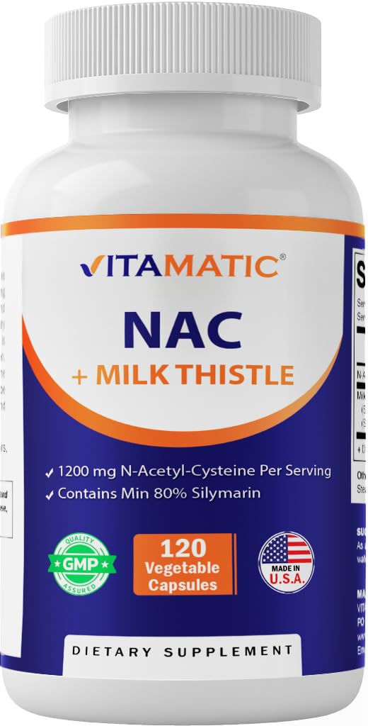 Vitamatski NAC dodatek N-acetil-L-Cysteine (NAC) z mlečnim osatom 50:1 Ekstrakt - podpira imuno, dihala, zdravje jeter, 1200 mg na serviranje, 120 Veg kapsule