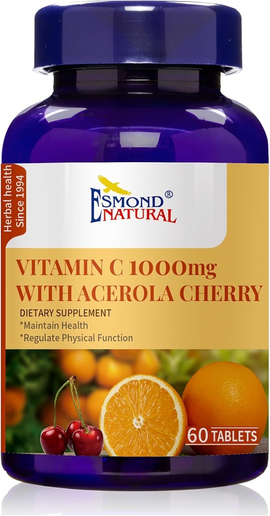 Vitamin C 1000mg z Acerola Cherry (podpora imunski sistem, energijske ravni, vitalnost kože), GMP, naravni izdelek Assn Certified, Made in USA - 1000mg, 60 tablet