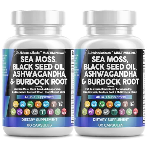 Čisti nutraceuticals Sea Moss Črno seme olje Ashwagandha Kurkuma Bladderwrack Burdock & Vitamin C Vitamin D3 z bezgovo manuko Dandelion rumeno dok jodinovo klorofil ACV - 2Pack