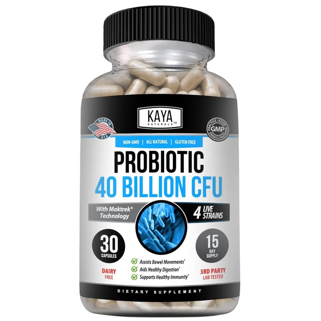 Kaya Naturals Probiotic 40 Billion CFU - Probiotics for Women, Probiotics for Men and Adults, Natural - Gut Health & Immune Support Supplement - Promotes Digestive Health - 30 Count