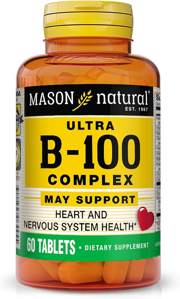 MASON NATURAL Ultra B- 100 kompleks - zdravo srce in živčevje, izboljša imunski sistem in energetsko presnovo, 60 tablet