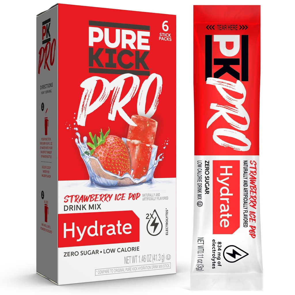 PURE KICK PRO Hidracija Elektrolitski napitek Mix, Jagodna Ice Pop, Vključuje 1 polje s 6 paketi v vsakem polju