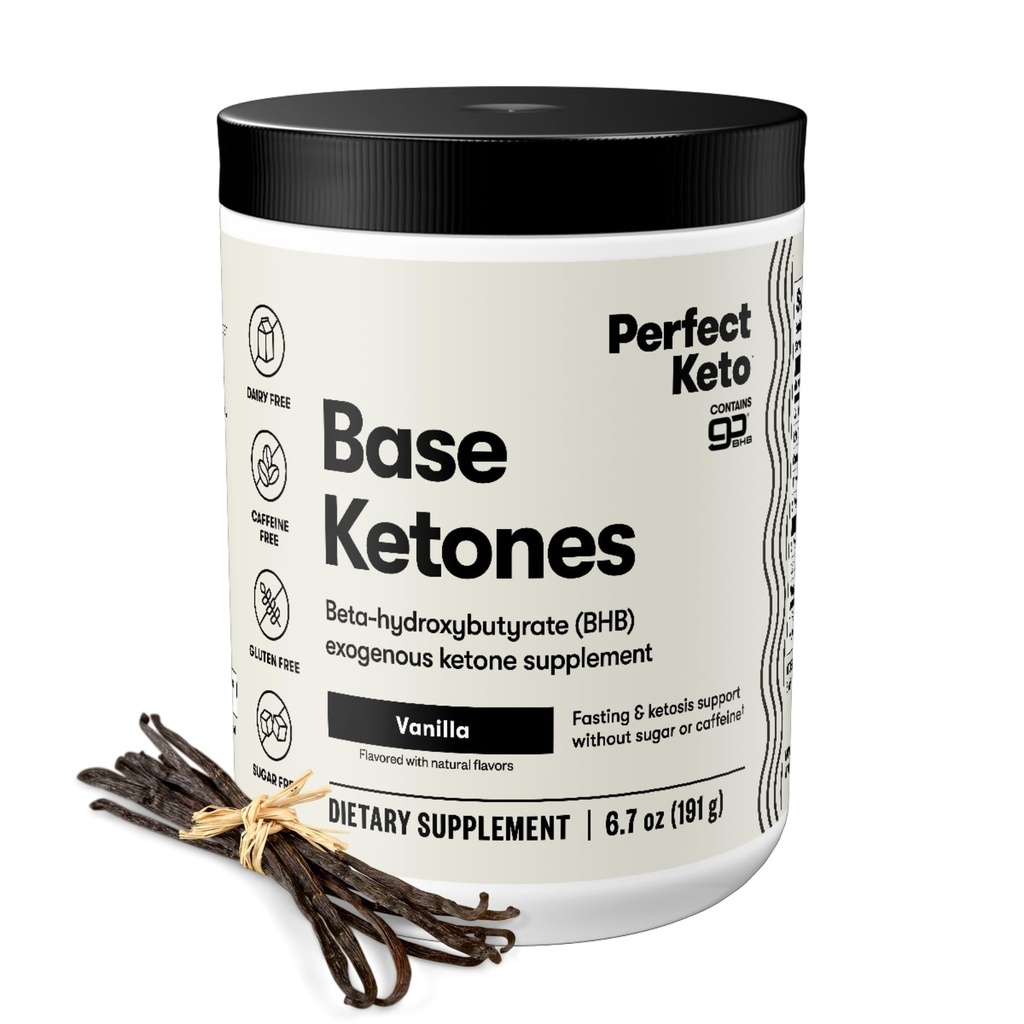 Perfect Keto Exogenes Ketones Powder, BHB Soli Dopolnilo za ketozo in napenjanje, Plus Elektroliti za hidracijo, Kofein brez energije, Keto diet, Focus & Workout Podpora, Vanilla, 6.7 oz