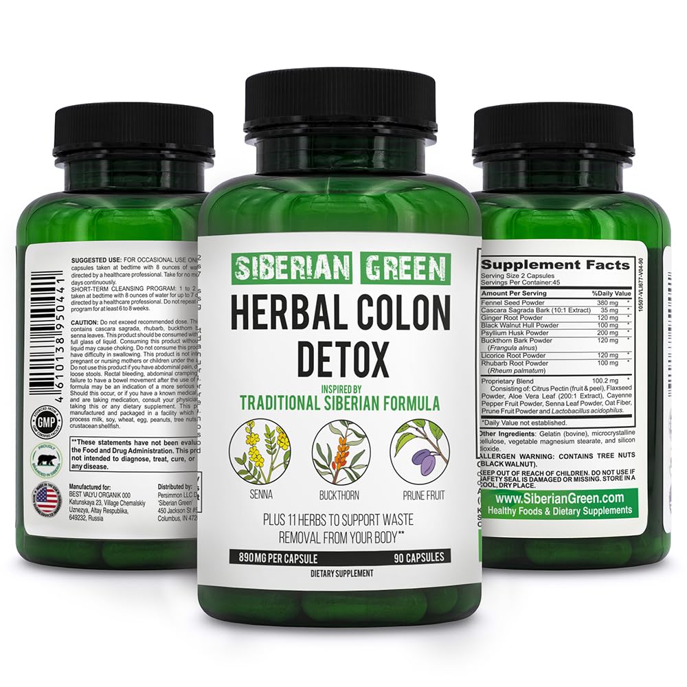 Sibirski zeleni zeliščni kolonija Detox s Senna Buckthorn Prune Fruit 90 Kapsule – Tradicionalni sibirski Formula 14 Zelišča & probiotik za čiščenje Colon in Detox telo