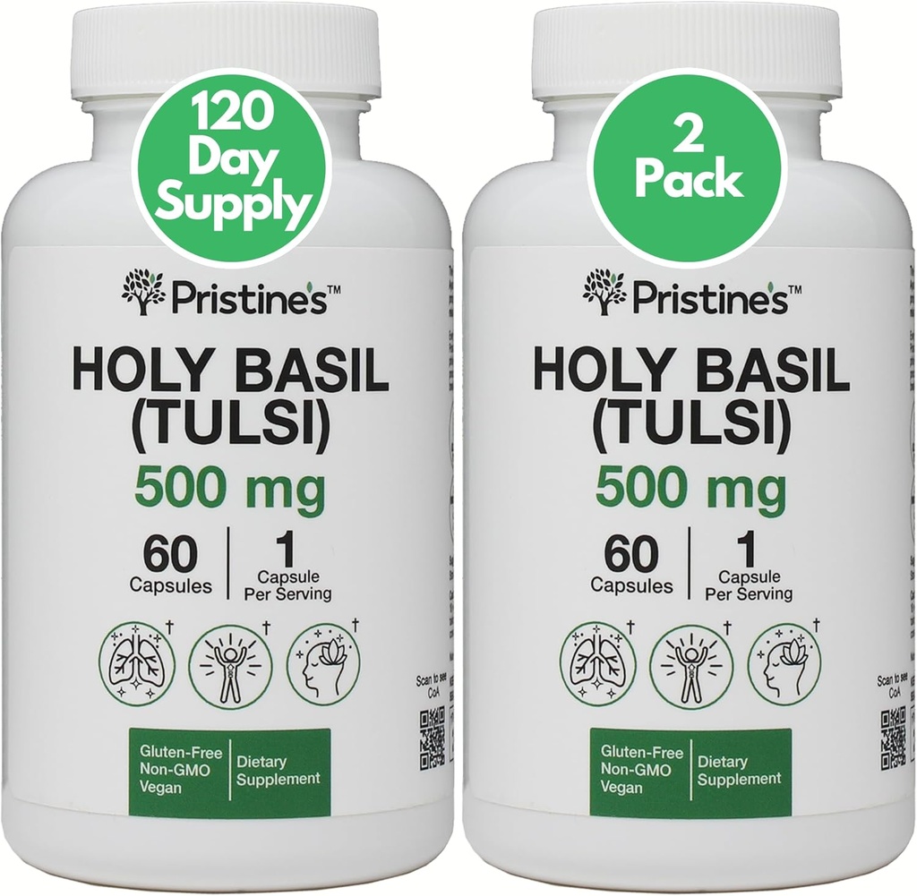 Pristine's Holy Basil (Tulsi) 500 mg (2 paket) Sprostitev in imuniteta podpora adaptogeni dodatek - 120 dnevna dobava - svete Basil List kapsule - Vegan - Non-GMO - Gluten brezplačno dodatki