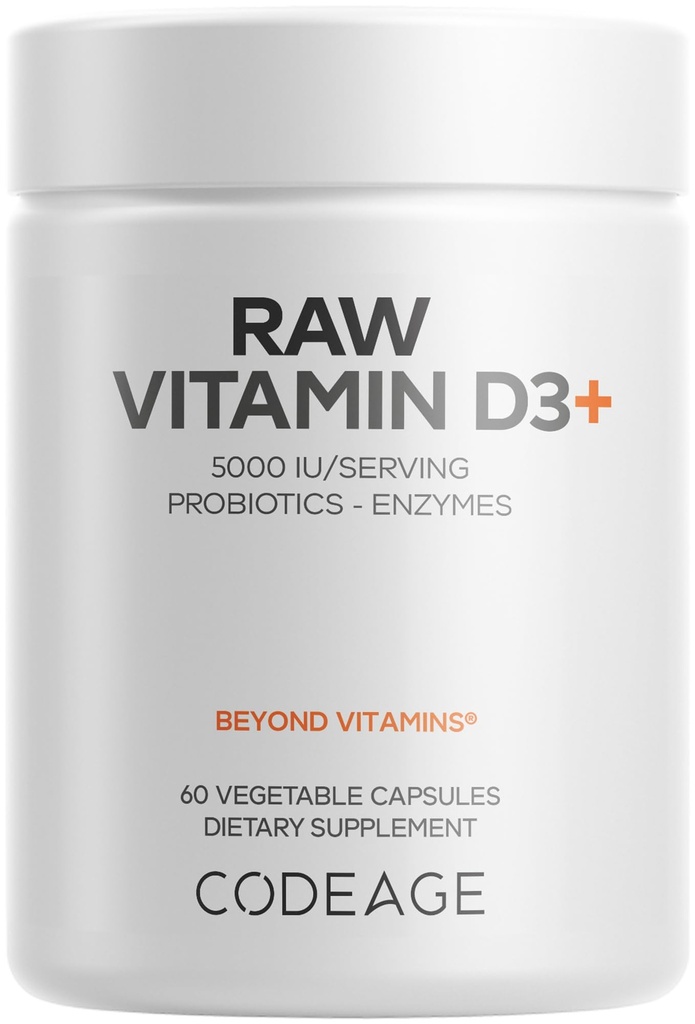 Koda Surovi vitamin D3+ Visoka moč 5000 i.e. dodatka iz Saccharomyces Cerevisiae - Surovi vitamin, probiotiki, prebavni encimi, sadje & zeleni - 2-mesečna zaloga - 60 kapsul