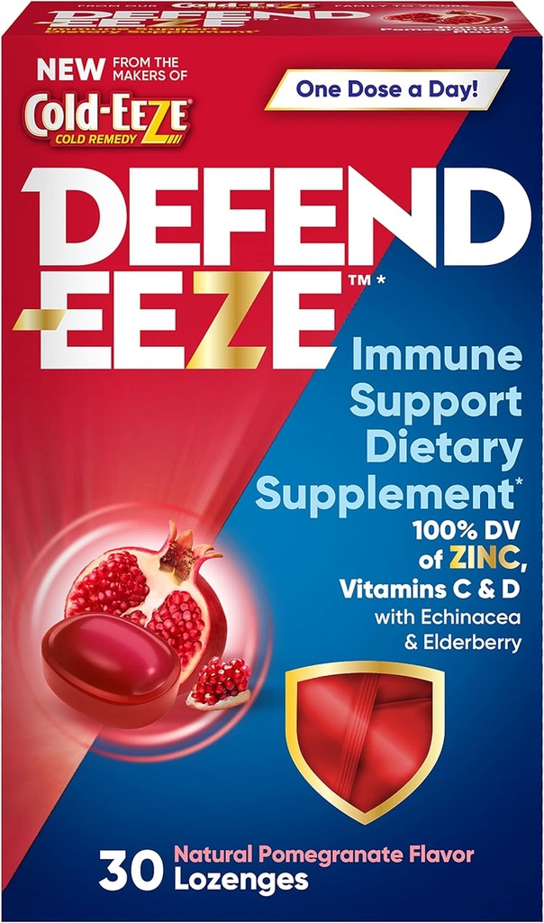 Defend-EEZE Imunska podpora Prehranska dopolnila Lozenges, 100% dnevna vrednost cinka, Vitamini C & D na odmerek, z Echinacea & Elderberry, Granatna aroma, 30 Lozenges