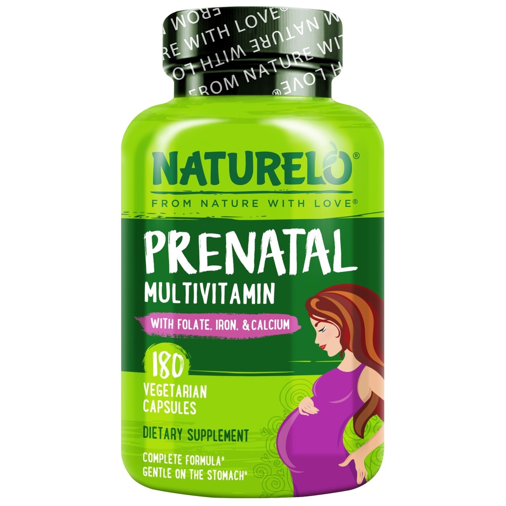 NATURELO Prenatalni multivitamin z nežnim keliranim železom, metil folatom, rastlinskim kalcijom in holinom - veganom, vegetarijancem - brez glutena - 180 kapsul - 2 meseca