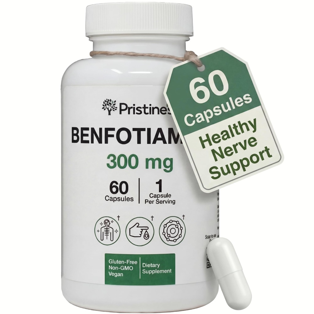 Pristine's Benfotiamin 300mg Visoka biorazpoložljivost Živčna podpora Dodatek - 60 Day Supply - Maščobna topen vitamin B1 Dodatki - Vegan - Non-GMO