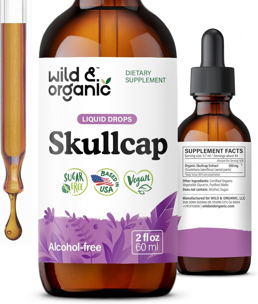 Wild & Organic Scullcap Tinkture - Sprostitev, dober razpoloženj, mirnost - Tekoči Scullcap Herb Supplement - Vegan, Sugar & Alkohol brez kapljic - 2 fl oz
