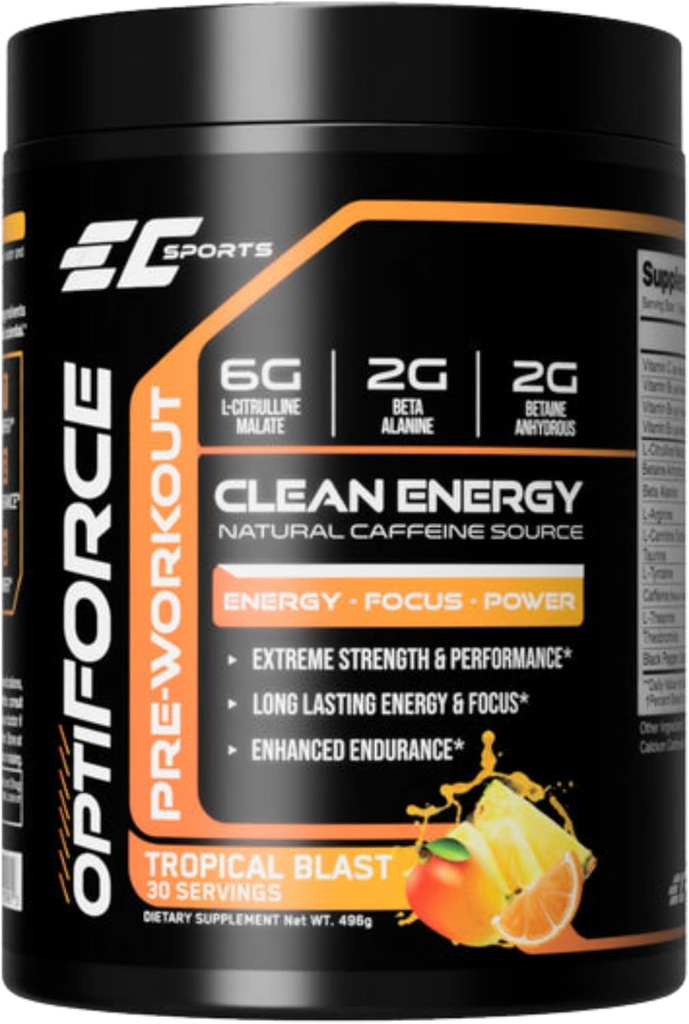EC šport OptiForce pred treningom Tropical Blast Supplement v prahu - Čista energija in naravna kofein w/Dolgotrajna vzdržljivost in fokus - 30 Servisi