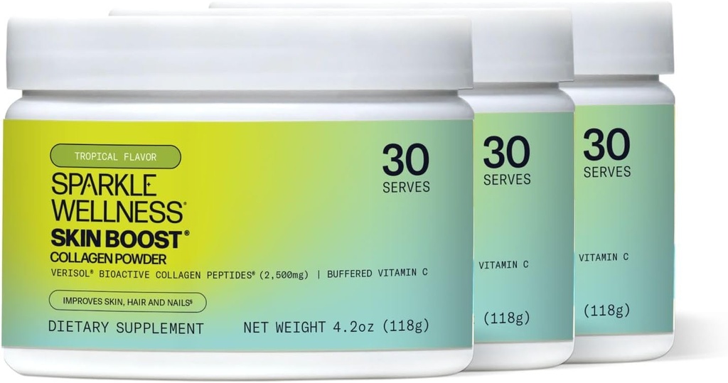 Sparkle Wellness Skin Boost (Tropical) [3 Pack of 30-Serves] | Collagen Powder Supplement with VERISOL Bioactive Hydrolyzed Collagen Peptides & Vitamin C to Improve Skin, Hair & Nail Health