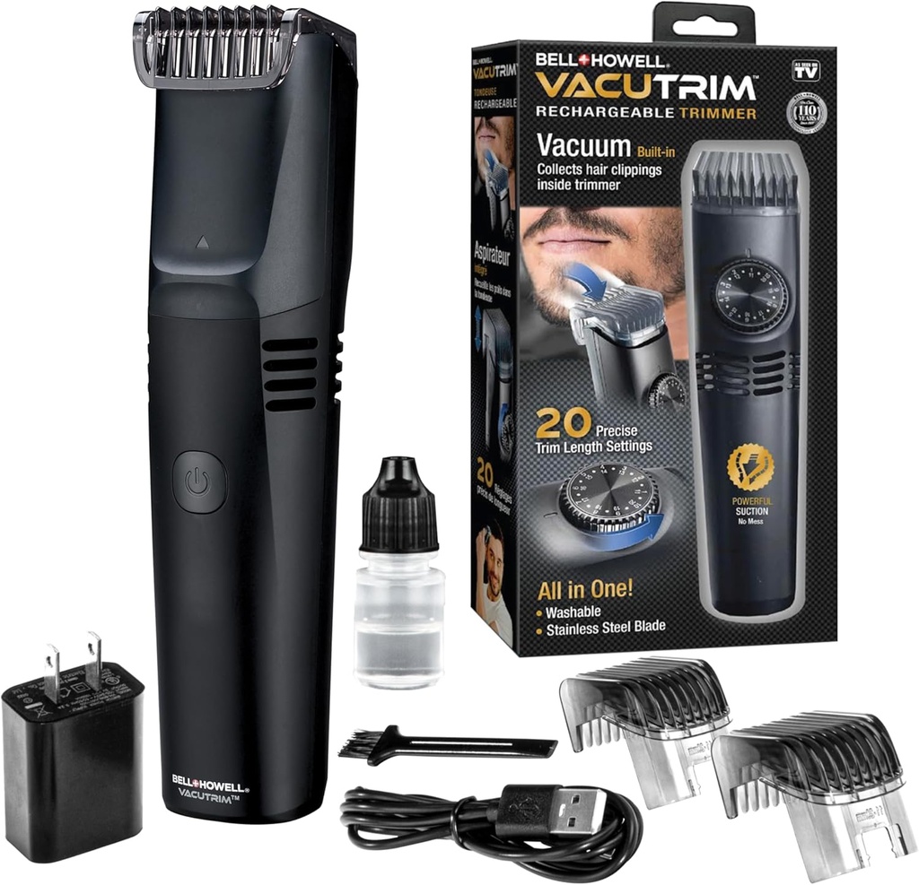 Vacutrim Akumulatorski moški brade Trimmer, Rechargeable Electric Shaver z 20 Trim Nastavitev Calibration Dial in vgrajen v vakuum za Mustache, Sideburns. Obrazni lasje, črna, 7.5", Kot je razvidno na televiziji
