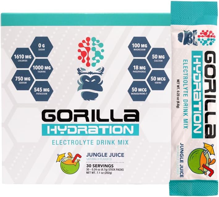 Gorilla Mind Hydration Packets - 3,073mg Elektroliti na Go Prijetna pijača Mix za celovito polepševanje - Nič sladkorja, naravno sladkan in nastil prijateljski - 30 Count (Jungle Juice)