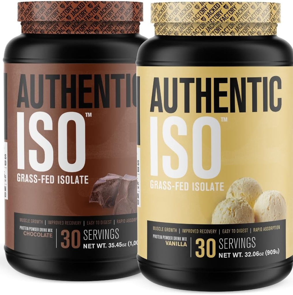 Jacked Factory Verodostojni ISO Grass Fed Whey Protein Isolate Powder - Low Carb, Ne-GMO Muscle Building Protein w/No Fillers (Chocolate, 30sv) & (Vanilla, 30sv)