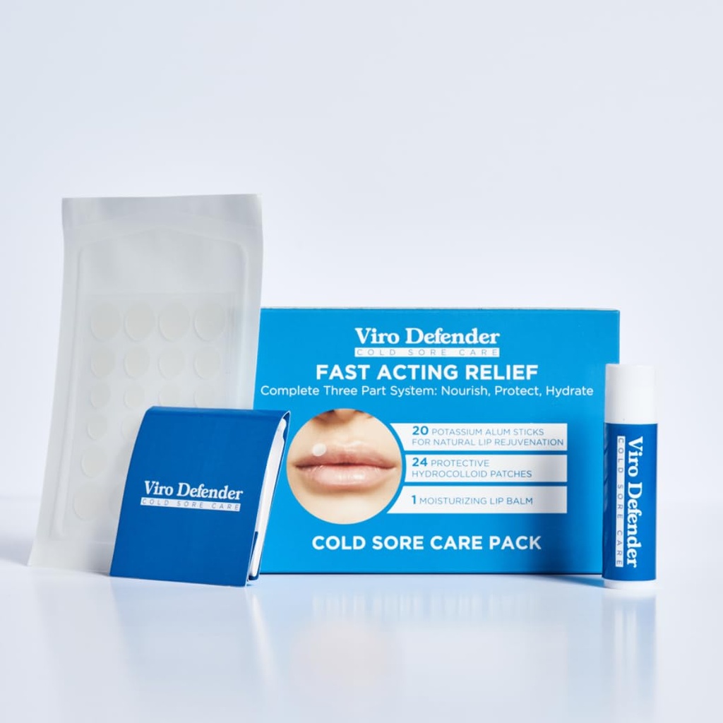 Hidrokoloidni in alumni kamen Cold Sore Care Pack je prvovrstno, revolucionarno tridelno zdravljenje, kombiniranje hidrokoloidni obliži, Alum kamen, in Lip Balm za pomiritev vaše hladno rane