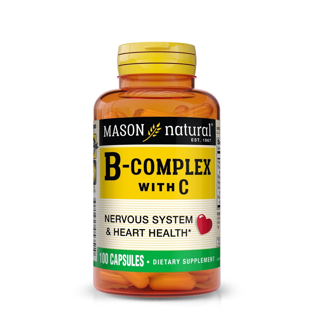 MASON NATURAL B-kompleks z vitaminom C – Živčevje in zdravje srca podpora – 100 kapsul
