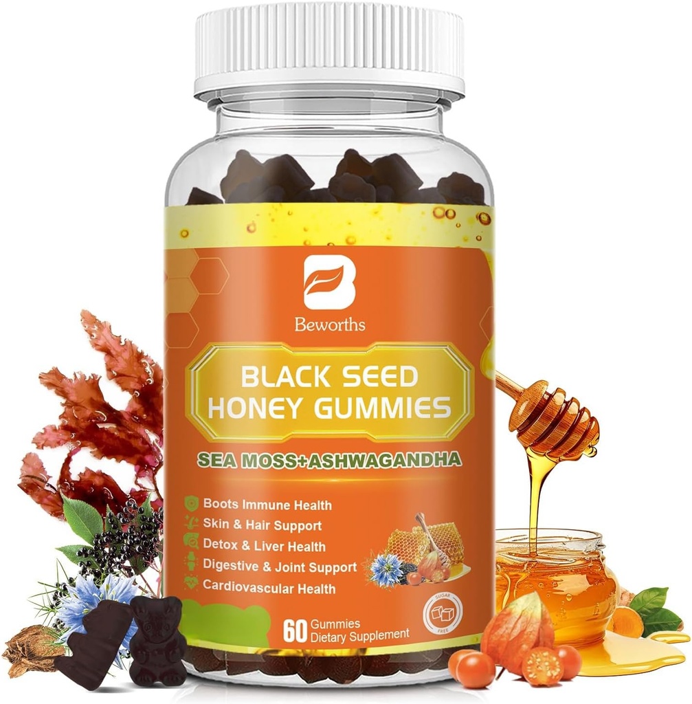 Black Seed Oil Sea Moss Gumies z Ashwagandha, Burdock Root, Linden Honey, Elderberry, Kurkuma, Vitamin C, D3 & Cink - podpira imuniteto, Joints, Digestion, Hair & Skin, Vegan Gummies 60 grofov