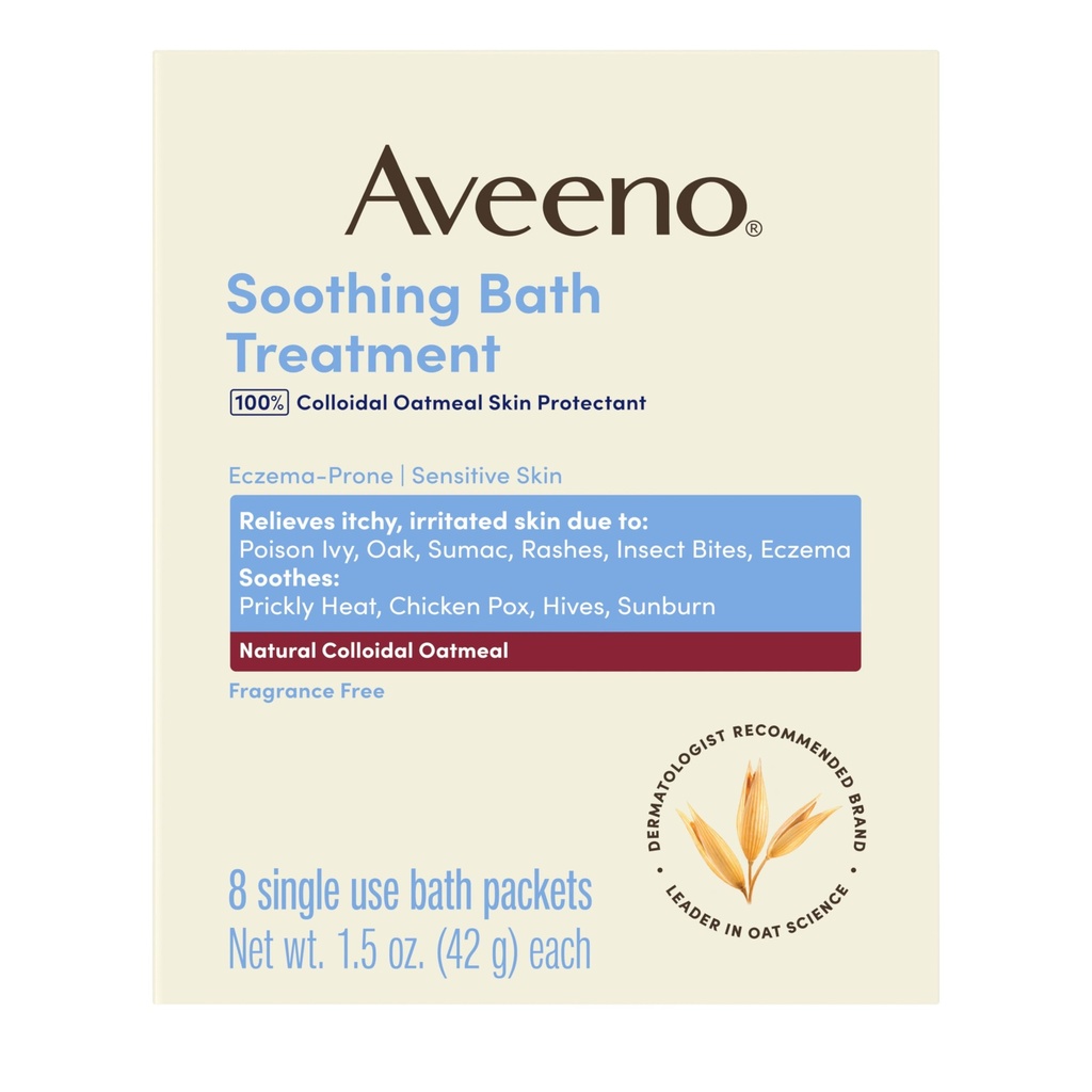 Aveeno Fragrance-Free Toathing Bath zdravljenje in namakanje za blažitev, 100% naravni koloidni ovseni kosmiči, Olajša srbeče, dražilna koža zaradi ekcema, 8 enkratno uporabo kopalni paketi