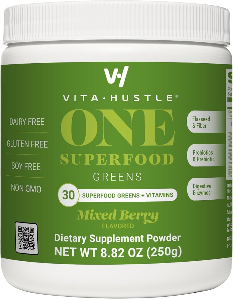 VitaHustle ONE Superfood Super Greens Powder s prebiotiki + probiotiki, zmanjšanje napihnjenosti, Detox, Gut Health, Spirulina, Klorella, Prebavne encime (Berry Flavor, 25 Serving)