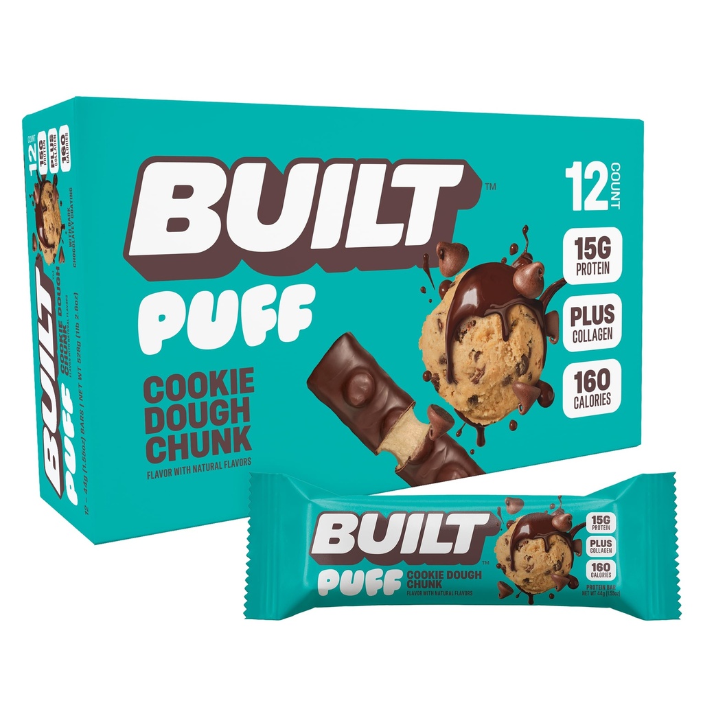 Zgrajena bar, Puff Protein Bars, Cookie Dough Chunk Puff, 15g prigrizki beljakovin, On-The-Go Bars, samo 160 kalorij, 8g sladkor, Collagen, Ne Gluten brezplačno, 12 Število