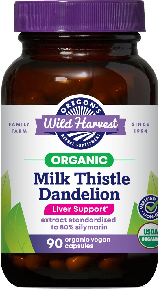 Oregon Wild Harvest Certified Organic Milk Thistle Dandelion Kapsule Jetrna podpora Izvleček Standardiziran na 80% Silymarin, 90 Število