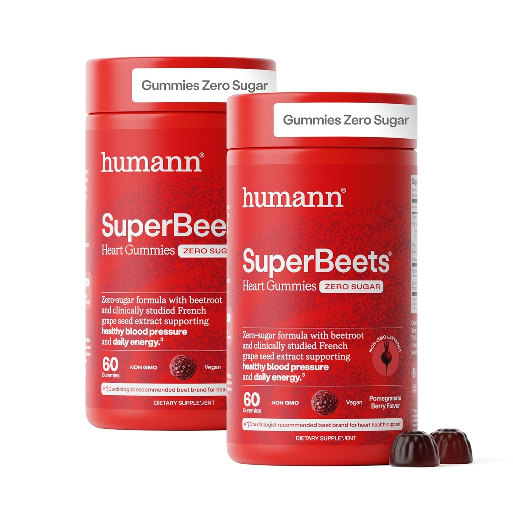 humanN SuperBeets Heart Gummies - Beet Gummy s srčno-zdravo energetsko podporo, izvleček grozdnega semena in pesa v prahu, brez sladkorja - Granatna jagoda okus, 120 Count