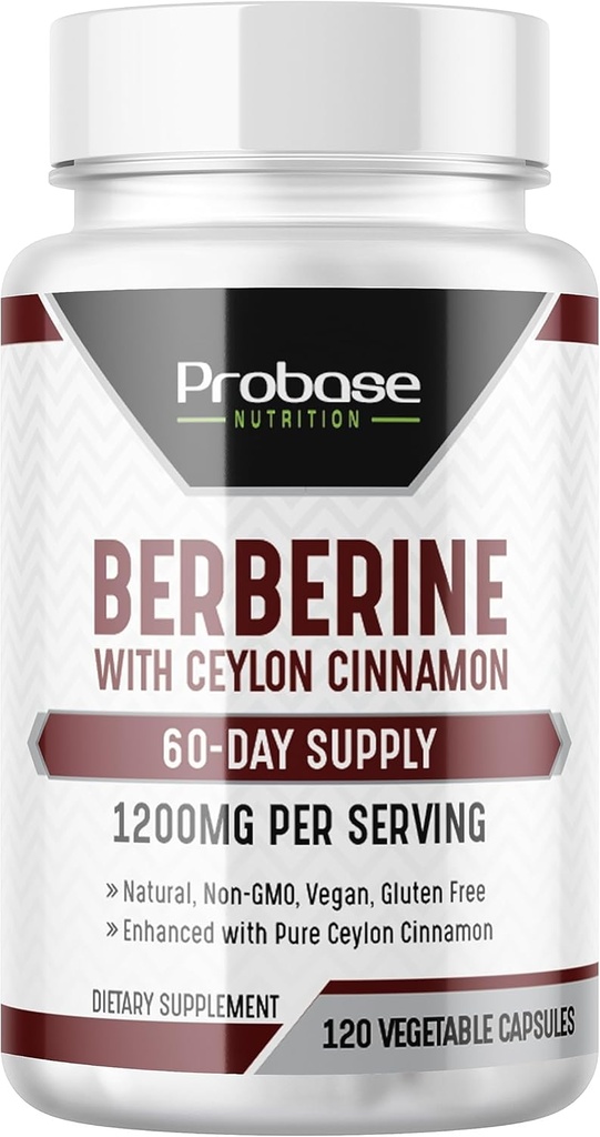 Probase Nutrition Berberine z ekstraktom cimet - brez glutena in vegana - 120 kapsul - 1200 mg na postrežbo