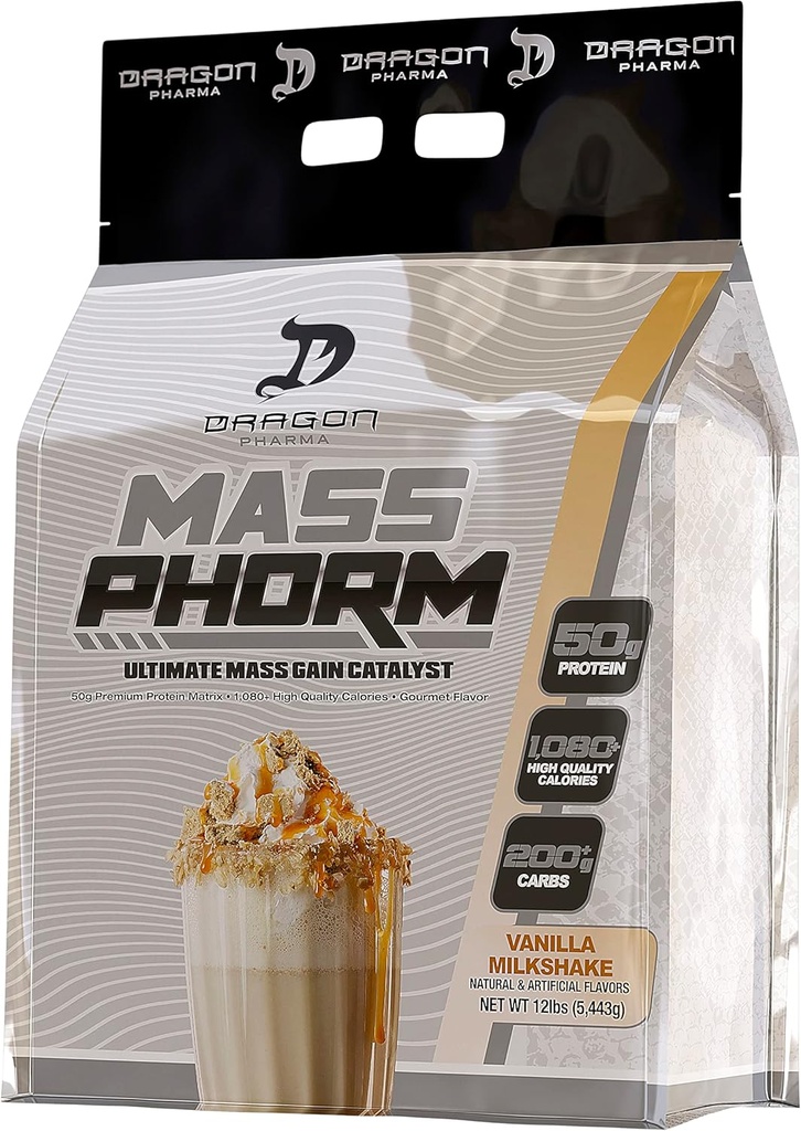 DRAGON PHARMA Mass Phorm, Ultimate Mass Gain Katalizator, 50g Protein Matrix, 200g kompleksnih ogljikovih hidratov, več kot 1000 kalorij na strežbo (20 Serving, Vanilla Milkshake)