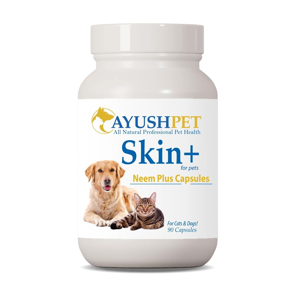 Ayush Pet Neem Plus - Neem Supplement za pse, kožo in plašč podporo za hišne živali s srbečo kožo, zeliščne kapsule s trifalo in Neem za črevesno in imuno zdravje - 90 kapsul