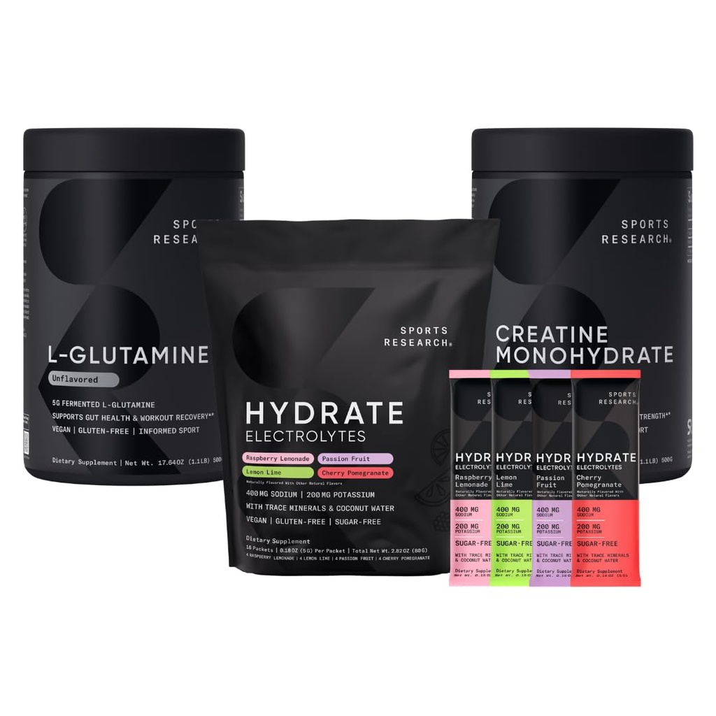 Športne raziskave L-glutamin (1,1 lbs), naravno brez sladkorja arome Hidrate Elektroliti 16x Variety Packets in Kreatin monohidrat (1,1 lbs)