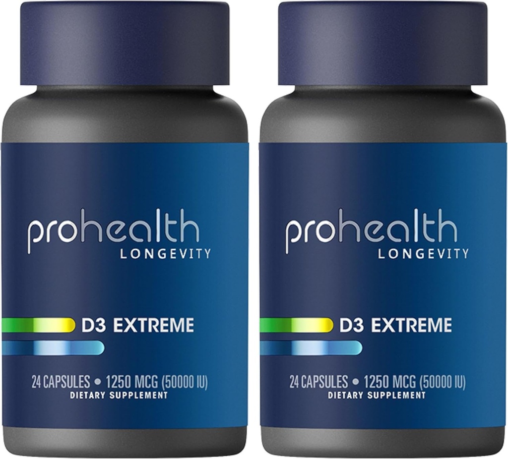 ProHealth 2-Pack Vitamin D3 Extreme (50.000 i.e., 24 kapsul vsak) pomaga povečati in podpreti zdrave kosti in imunski sistem 