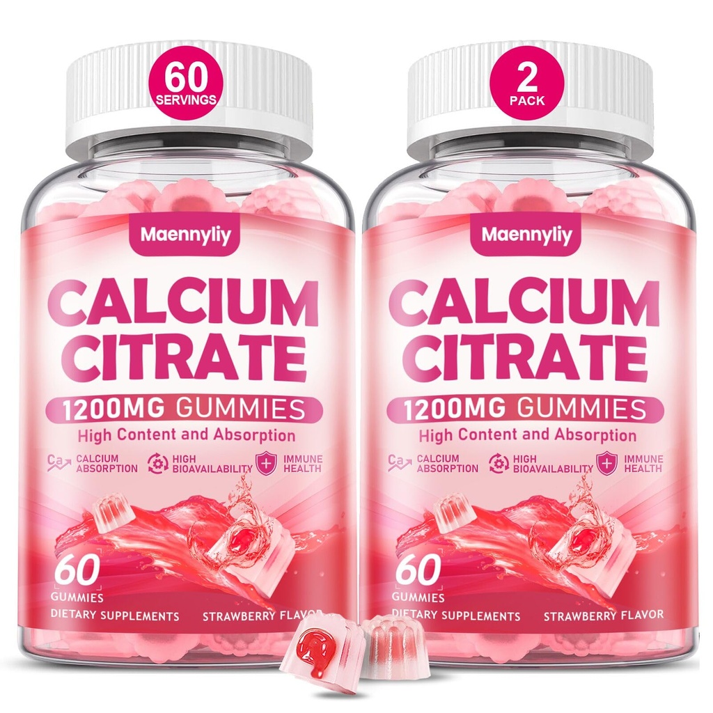 Kalcijev citrat Gumies 1200 mg za odrasle: Ultimate Absorpcija Kalcijev dodatek za ženske in moške - enostavno za prebavo, Vegan, Ne-GMO, Gluten prost - naravna jagodna aroma